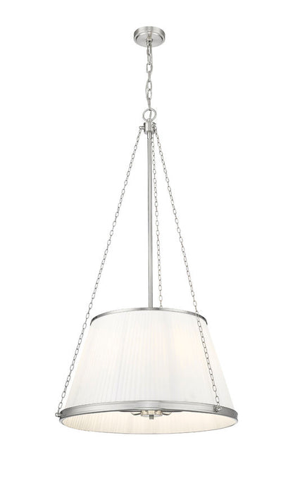 elegant brushed nickel pendant light with soft white linen shade.