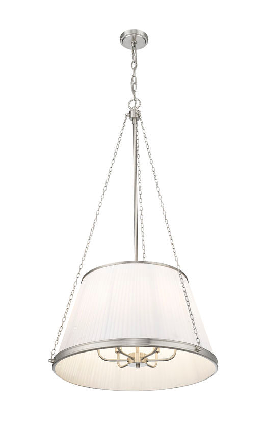 brushed nickel six-light pendant light with pleated white shade and chain suspension.