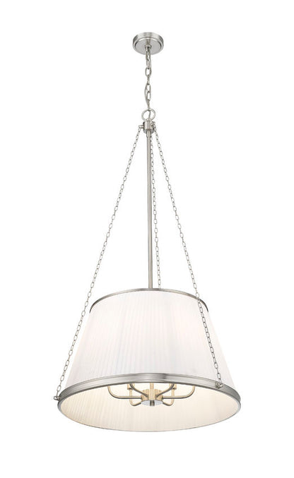 brushed nickel six-light pendant light with pleated white shade and chain suspension.