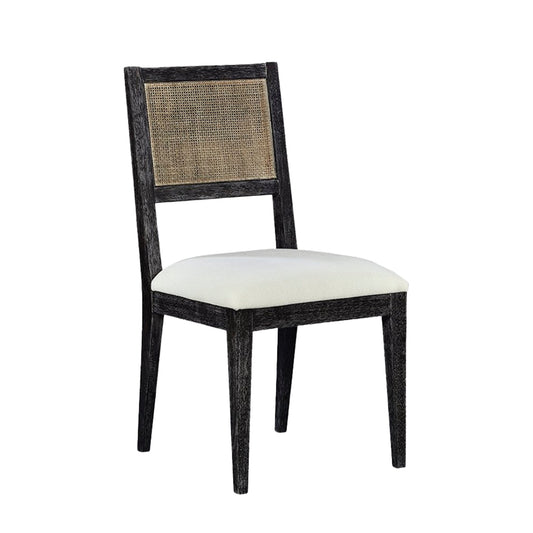 Caine I black traditional dining chair with cane insert and upholstered seat, front angle view.