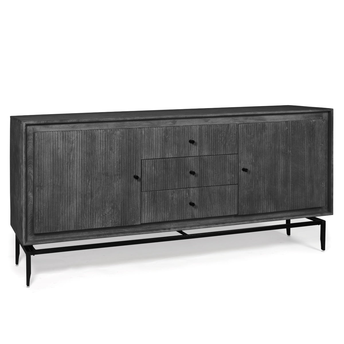 Angled side view of the black sideboard, highlighting its modern design and clean lines.