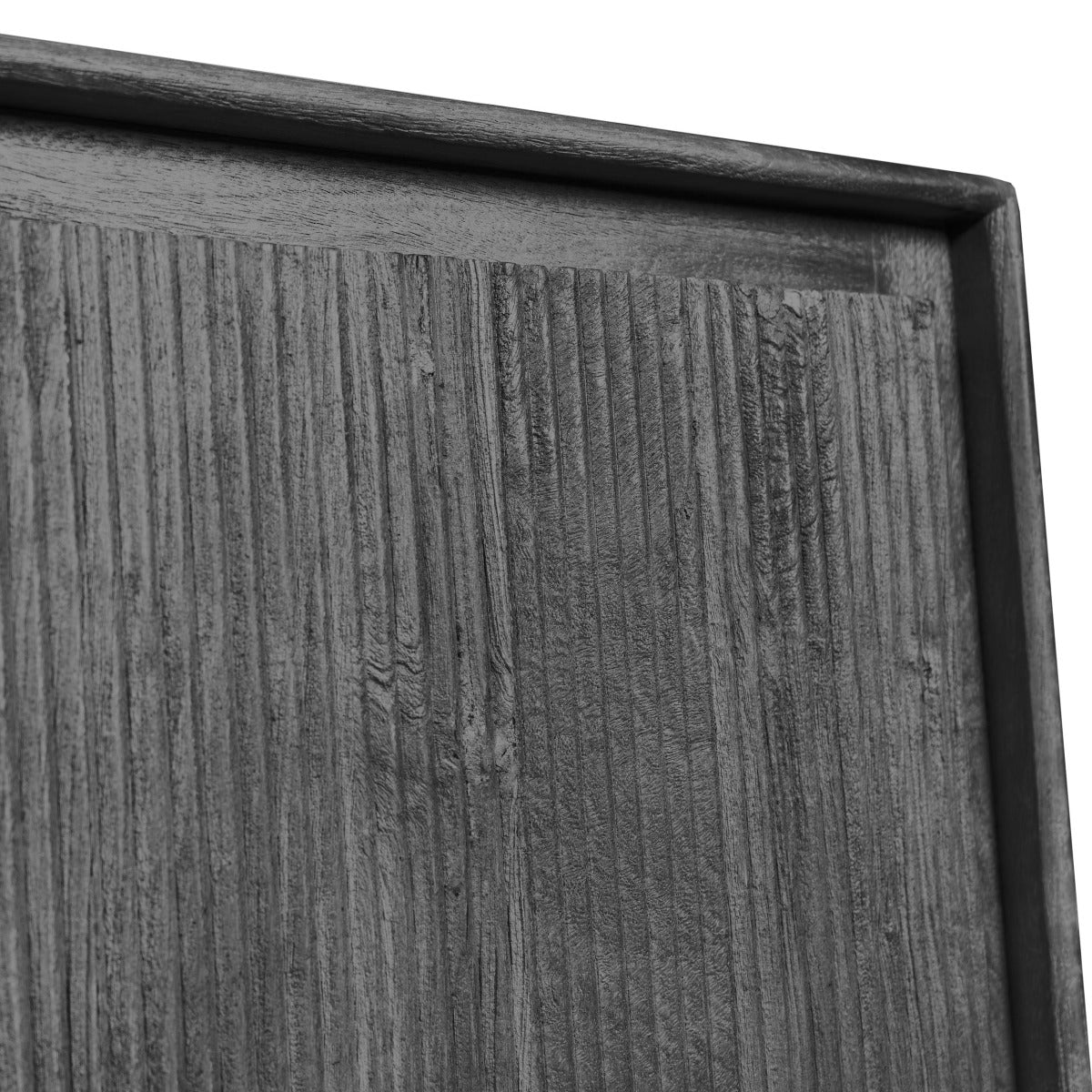 Detailed view of fluted wood texture on the sideboard with black finish.