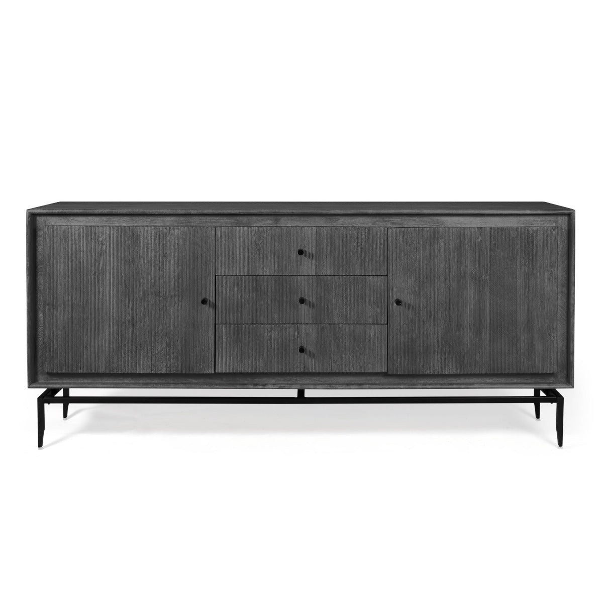 Front view of black contemporary sideboard with fluted doors and three drawers.