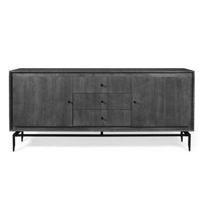 Front view of black contemporary sideboard with fluted doors and three drawers.