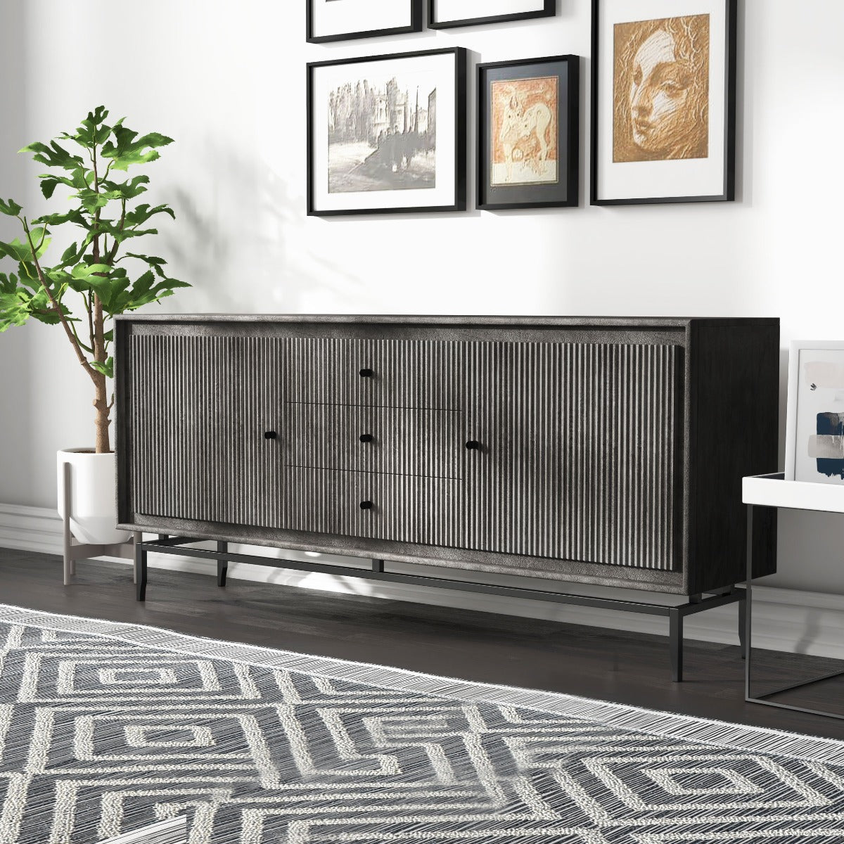 Camilo sideboard featured in a Scandinavian-inspired living room with gallery wall and geometric rug.