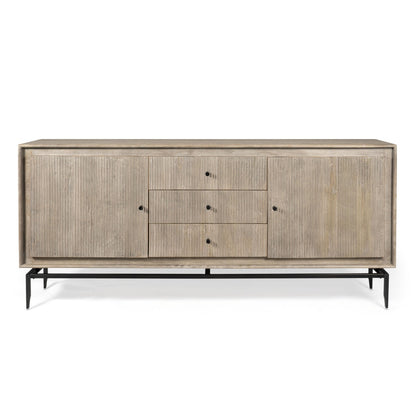 Front view of the sideboard featuring its fluted door design and black metal hardware.