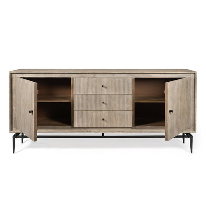 Open grey sideboard with drawers and cabinets showcasing spacious storage options for dining essentials.