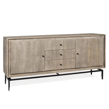 Side view of the Camilo Dining Sideboard showcasing fluted doors and black metal legs.