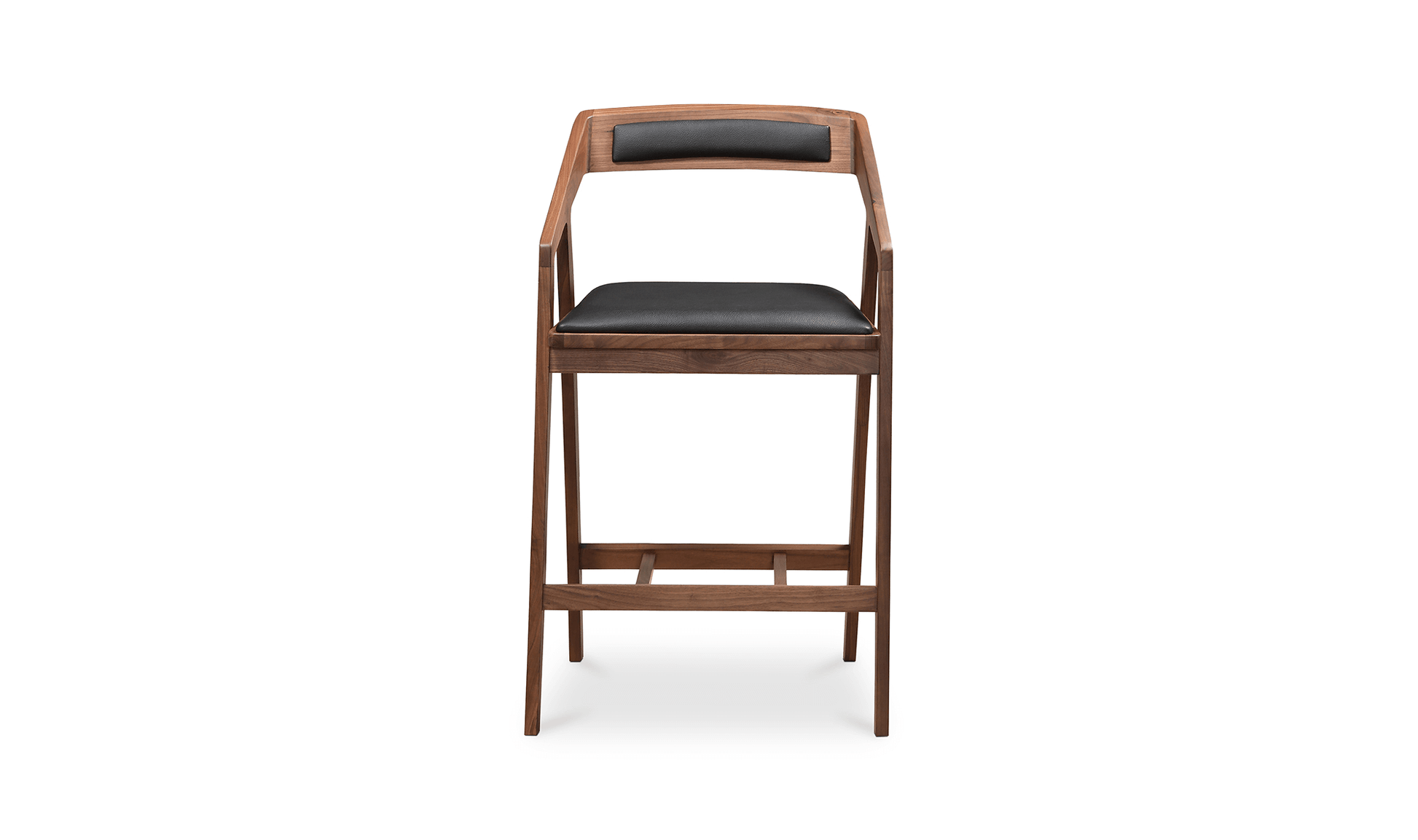 Front view of the Padma Black Bar Stool by Moe's Home Collection, featuring a sleek walnut frame and vegan leather seat.