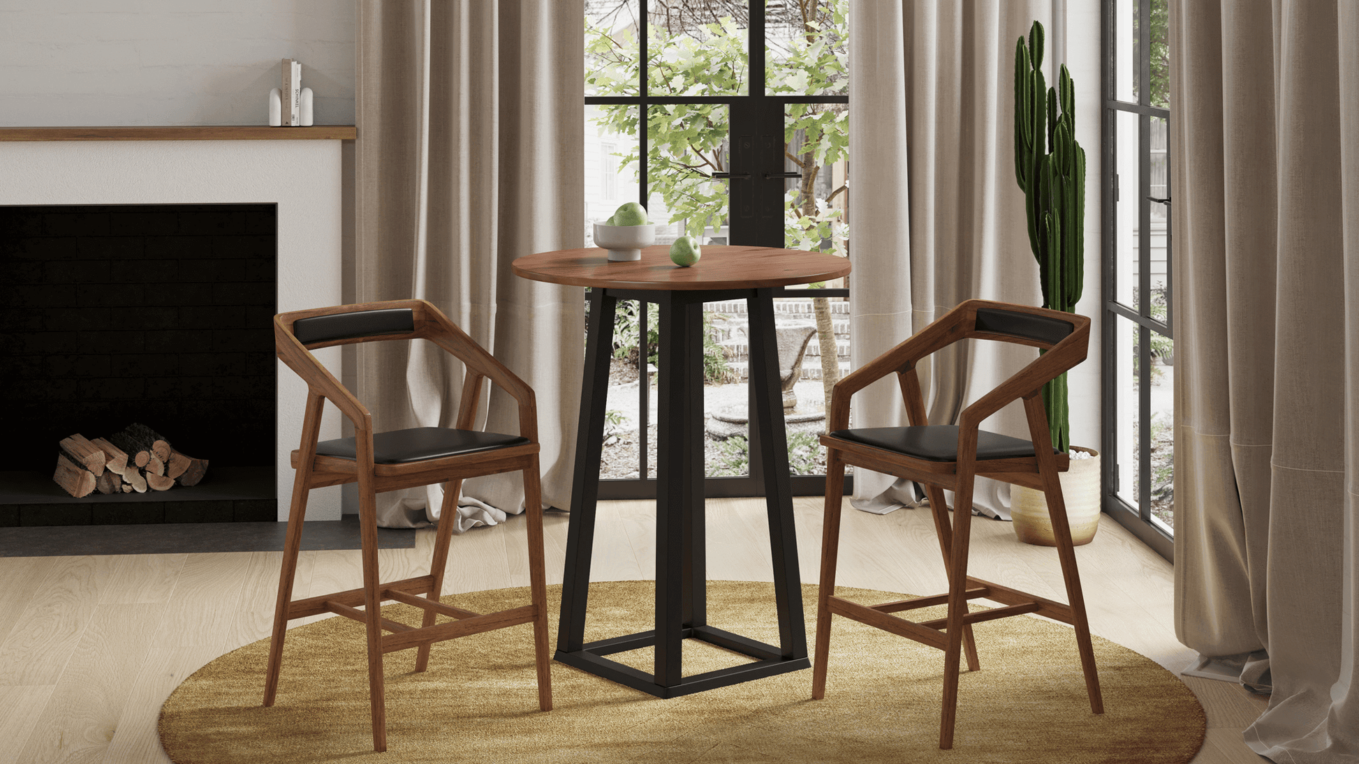  Lifestyle image of the Padma Black Bar Stool paired with the Tri-Mesa Bar Table, set in a modern dining area.