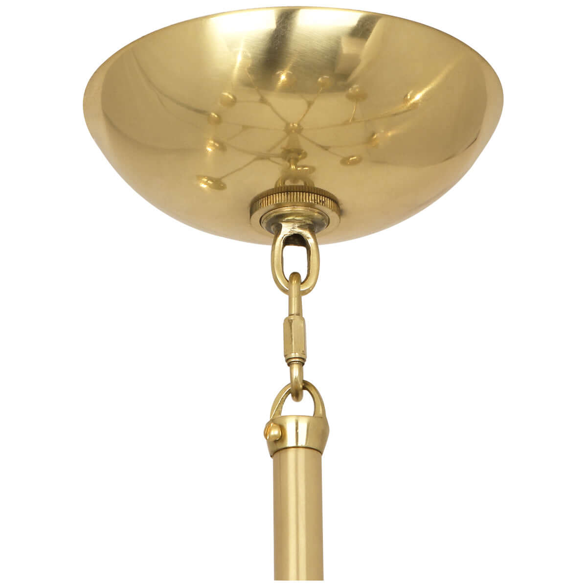 Ceiling mount detail with polished brass finish and durable suspension hardware.