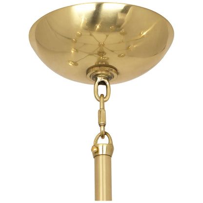 Ceiling mount detail with polished brass finish and durable suspension hardware.