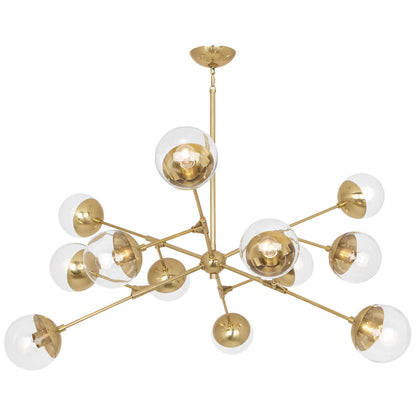 Modern brass chandelier with clear glass globes and a constellation-inspired design.