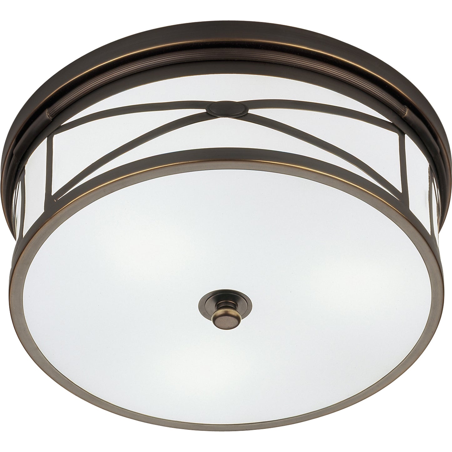 Ceiling light with crisscrossed metal detail and frosted glass shade, perfect for dining rooms, in bronze finish.