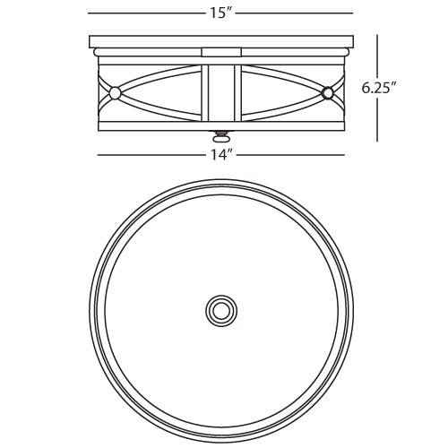 Chase Flushmount dimensions: 15" diameter, 6.25" height, circular with crisscross design.