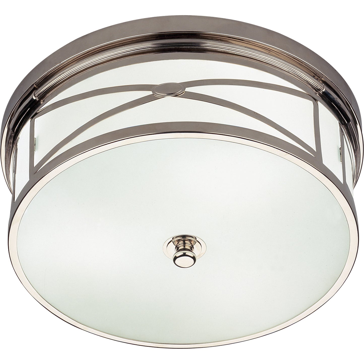 Dining room flushmount with polished nickel finish and soft frosted white glass shade.