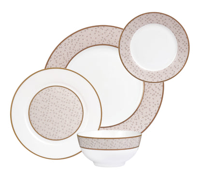 Godinger Mossaic Bone China dinnerware set, featuring four pieces: dinner plate, salad plate, appetizer plate, and cereal bowl.