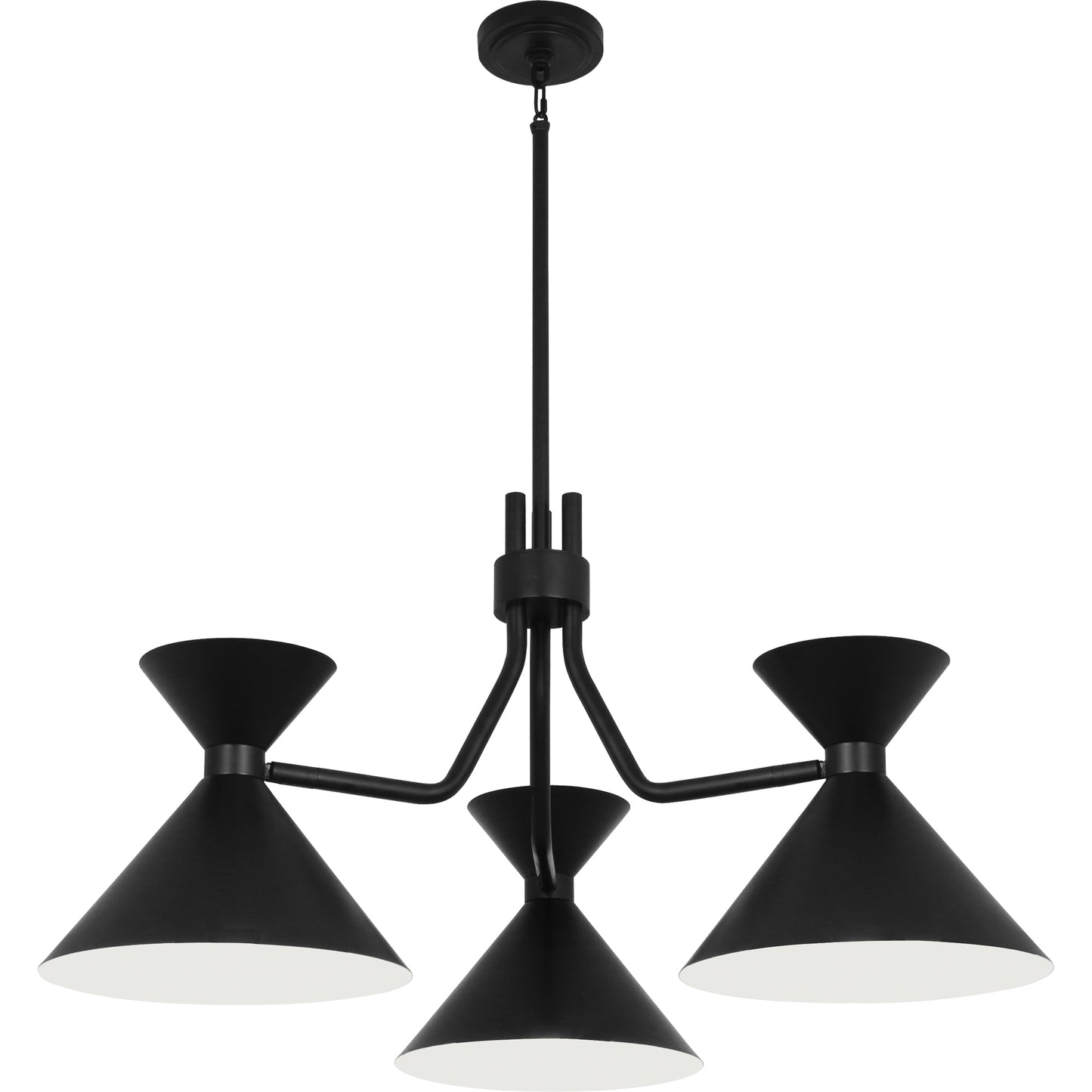 Dimensional drawing of a modern black chandelier showcasing adjustable height and sleek design