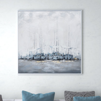 Coastal-themed painting with a marina scene displayed above a modern sofa.