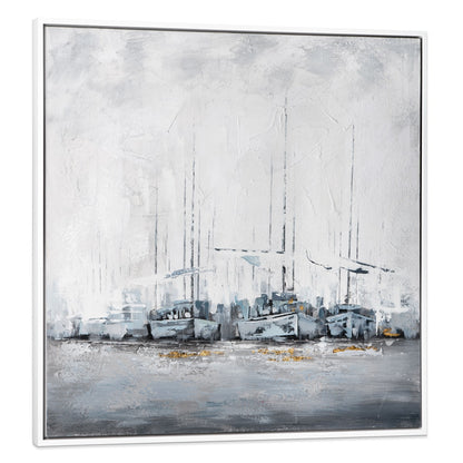 Large square nautical canvas with textured blue and grey brushstrokes in a white frame.