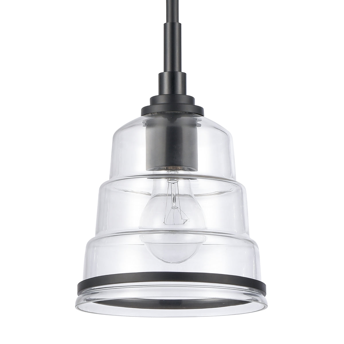 Close-up of the clear stepped glass and black metal hardware on the Boyer mini pendant light.