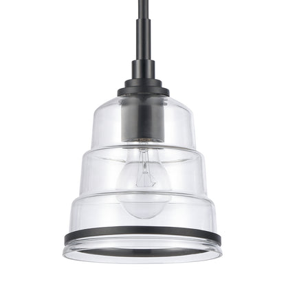 Close-up of the clear stepped glass and black metal hardware on the Boyer mini pendant light.