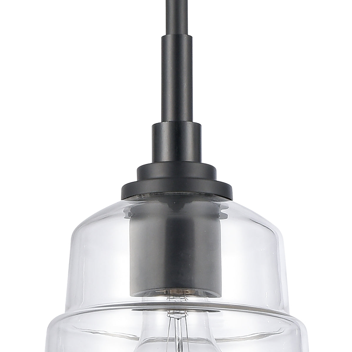 Close-up of stepped clear glass shade and matte black metal hardware on the Boyer mini pendant light.