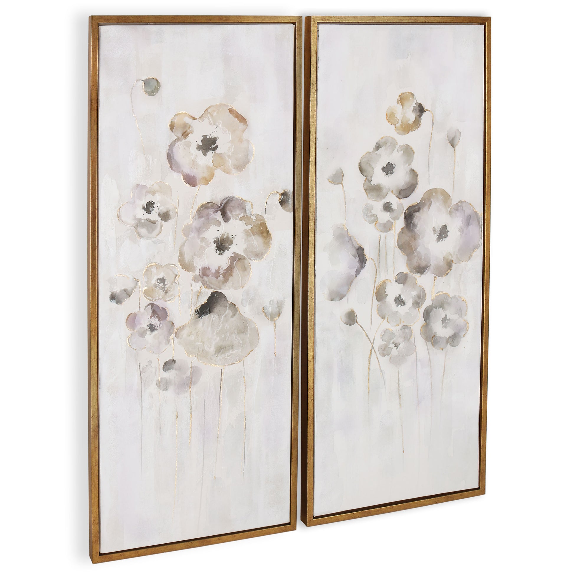 Cold Frame S2 floral painting set with soft pastel hues and antique gold frames, angled side view.