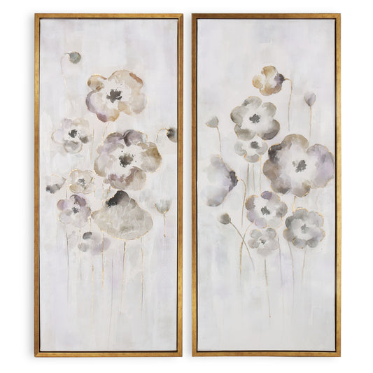 Set of two Cold Frame S2 hand-painted floral canvases with pastel hues and antique gold floater frames.