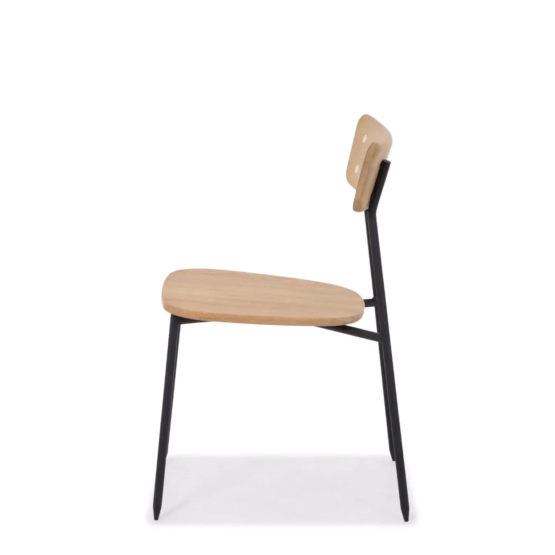 Side view of the Colton black metal dining chair highlighting the ergonomic seat design.