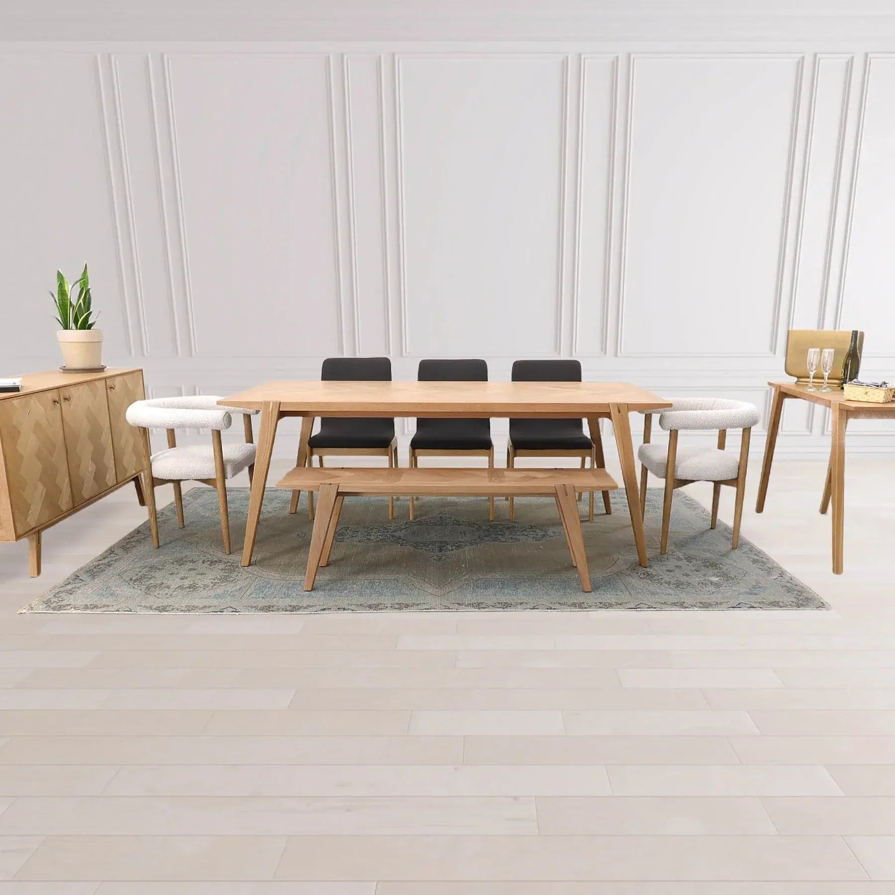 Dining set featuring the Colton modern dining bench, showing its versatile use in modern home interiors.