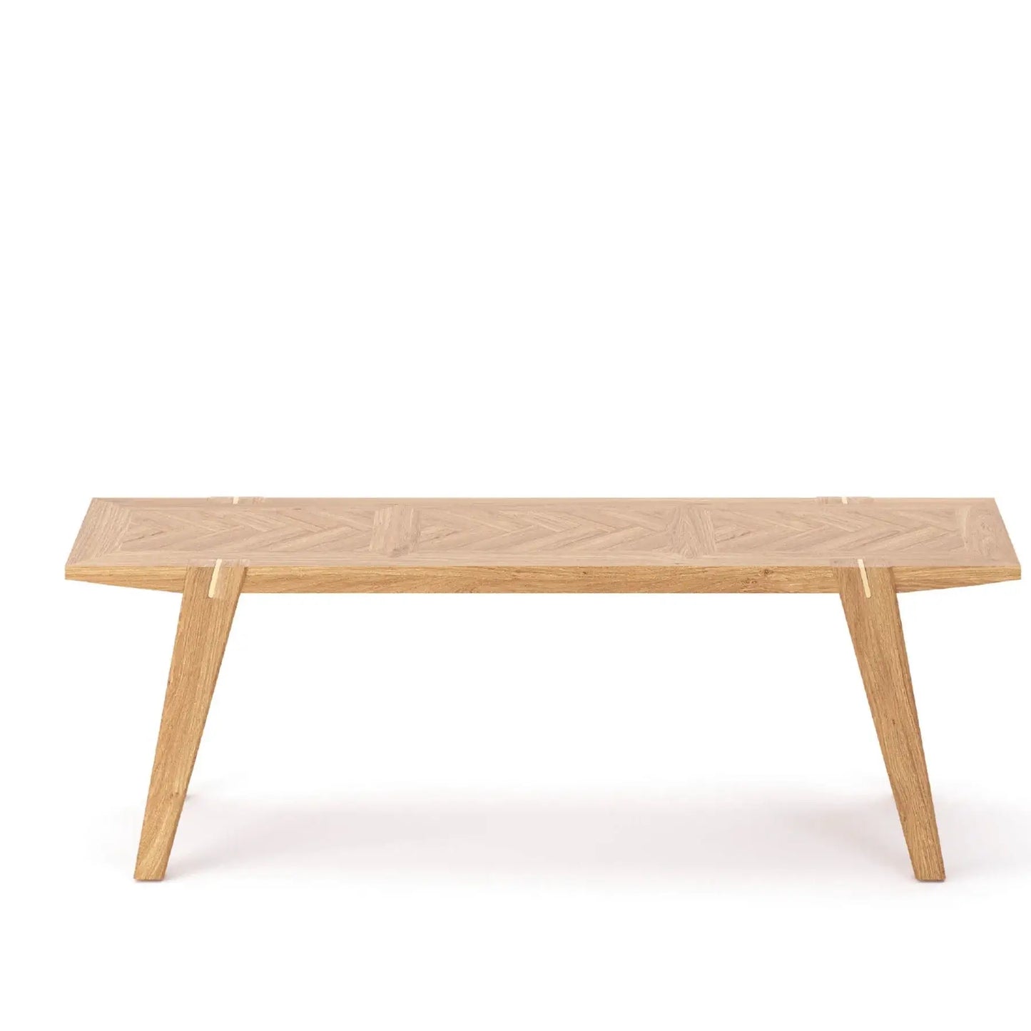 Front view of the Colton solid oak dining bench showcasing its modern design, angled legs, and clean lines.