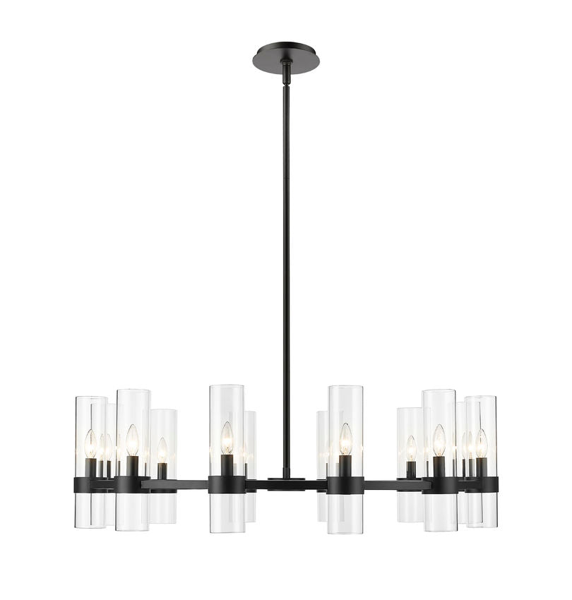 contemporary twelve-light chandelier in matte black with clear glass shades.