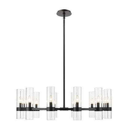 contemporary twelve-light chandelier in matte black with clear glass shades.