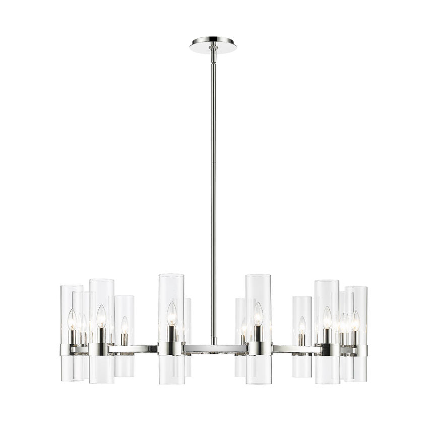 contemporary twelve-light chandelier in polished nickel with clear glass shades.