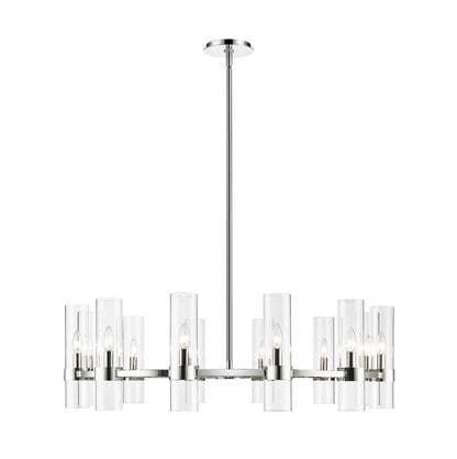 contemporary twelve-light chandelier in polished nickel with clear glass shades.