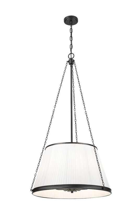 contemporary matte black pendant light with white drum shade and chain design.
