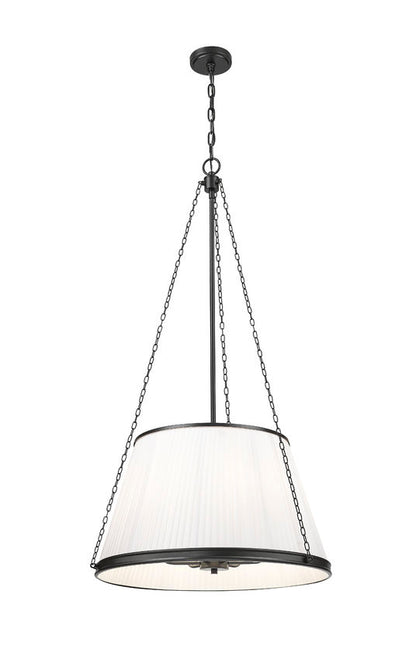 contemporary matte black pendant light with white drum shade and chain design.