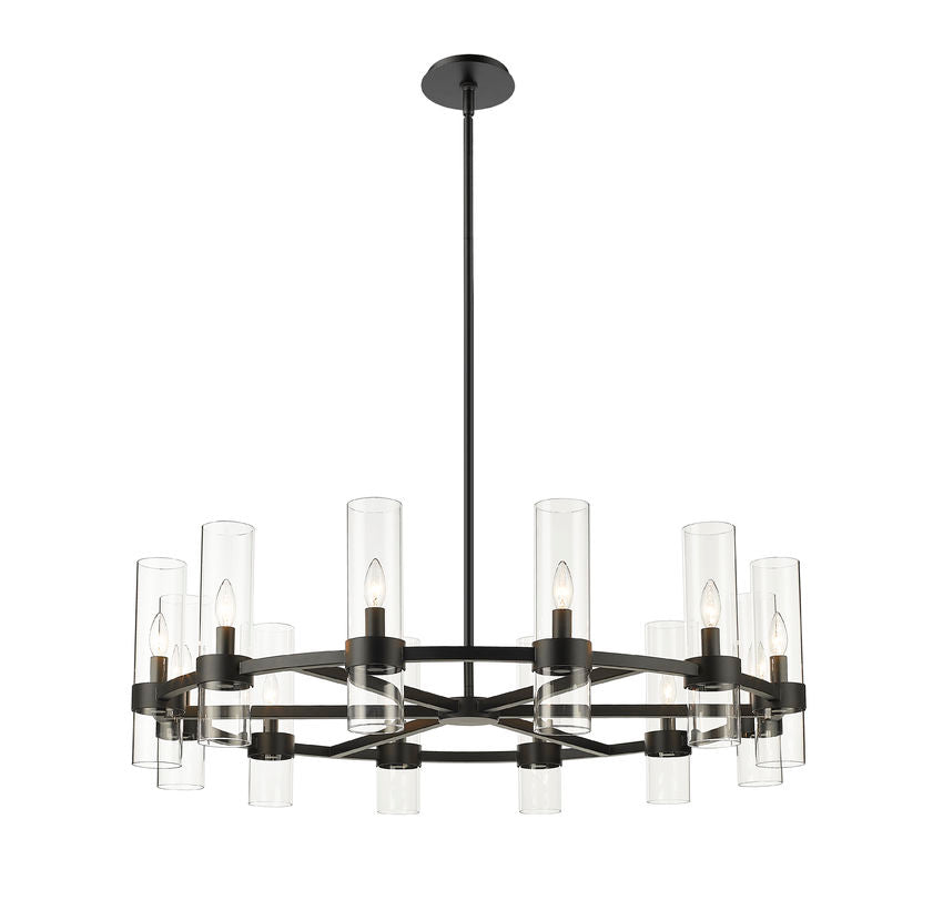 contemporary twelve-light chandelier in matte black finish.