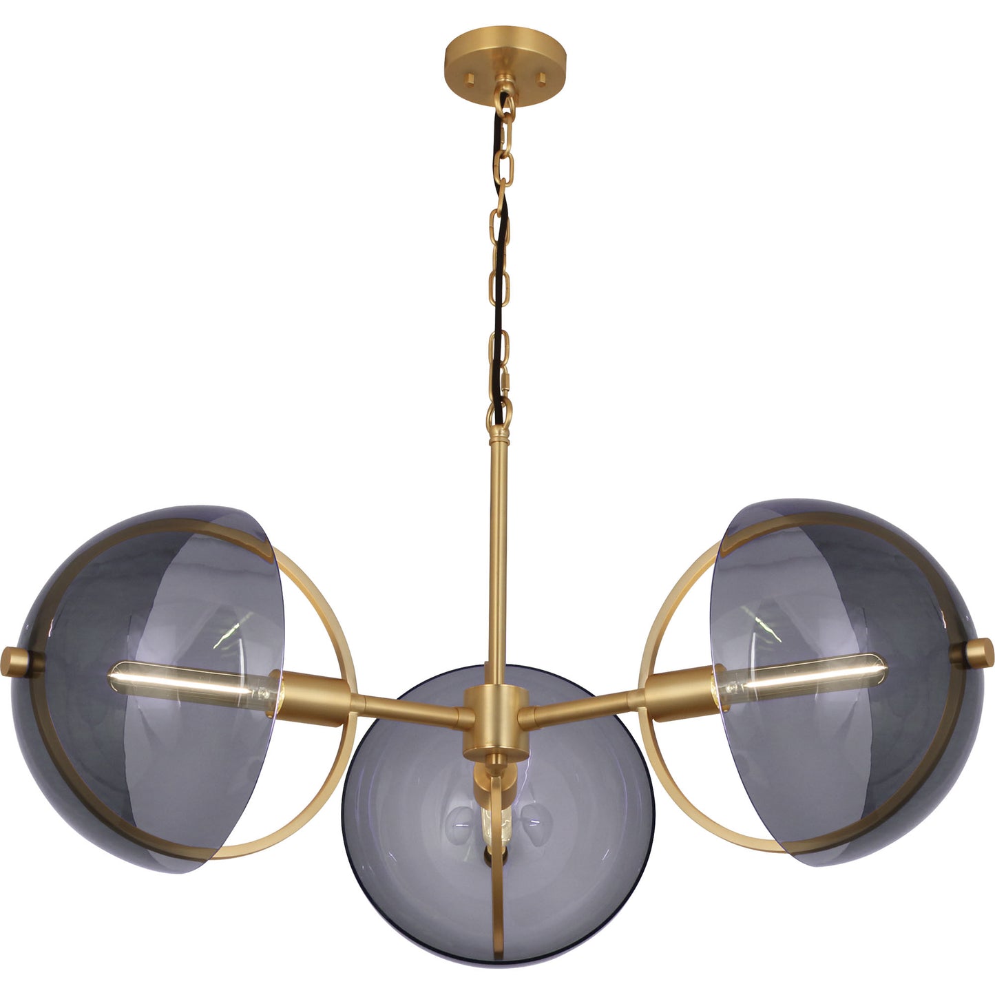 Copernica Chandelier with smoked glass shades and burnished brass finish, elegant celestial design.