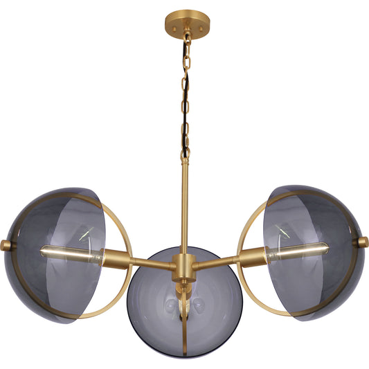 Copernica Chandelier with smoked glass shades and burnished brass finish, elegant celestial design.