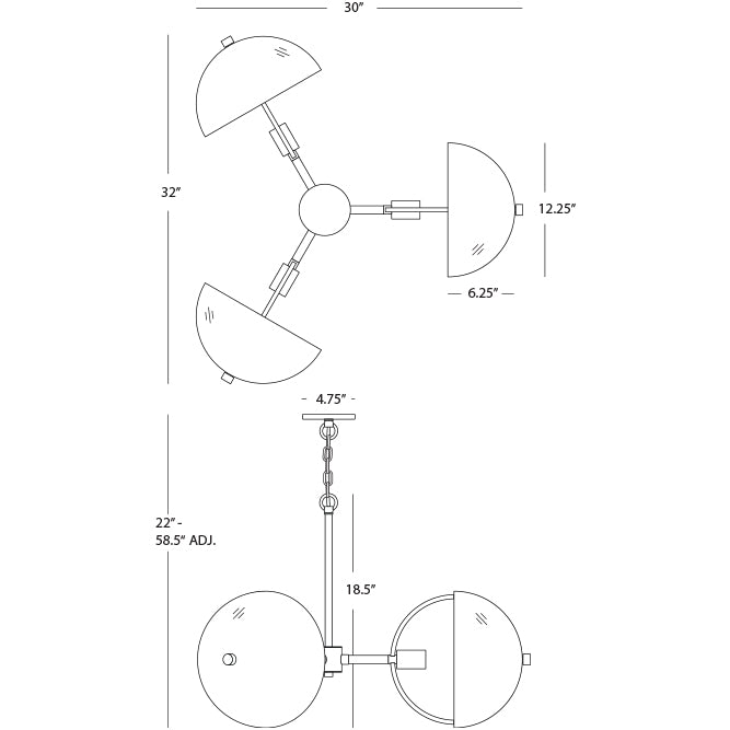 Dimensional diagram of Copernica Chandelier with adjustable height and 30-inch width.