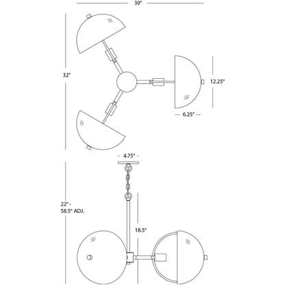 Dimensional diagram of Copernica Chandelier with adjustable height and 30-inch width.