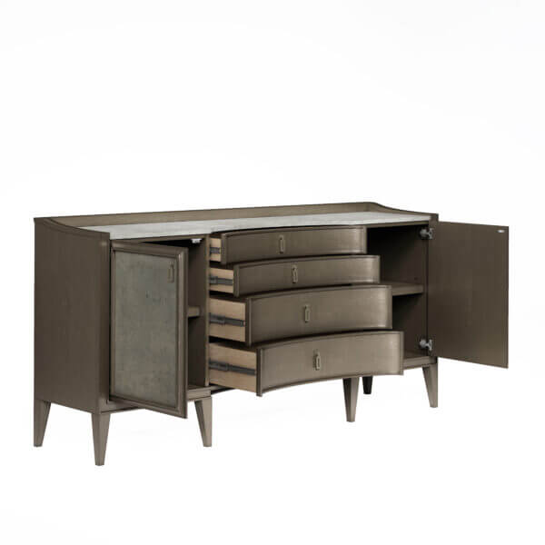 Open storage compartments of transitional credenza showcasing shelves and drawers.