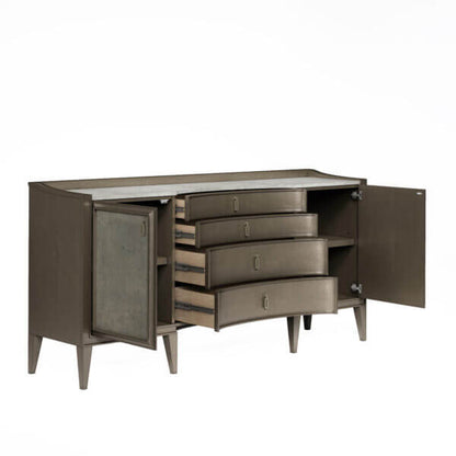 Open storage compartments of transitional credenza showcasing shelves and drawers.