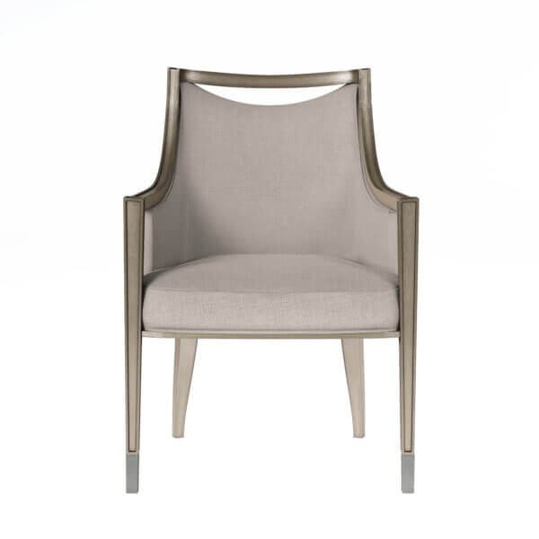 Front view of Cove Transitional Dining Arm Chair by A.R.T. Furniture in mushroom color upholstery, showcasing curved back design.