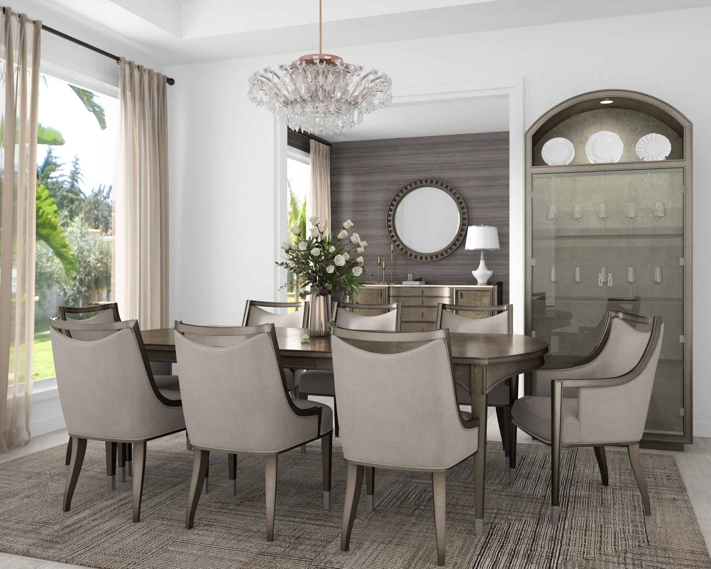 Cove Dining Arm Chairs arranged around a dining table in a modern dining room setting with mica finish and cork accents.