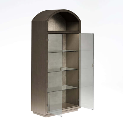  Cove transitional display cabinet with open glass doors, showing adjustable shelves.