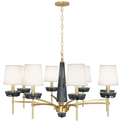 Cristallo Chandelier in modern brass with smoke crystal accents and Fondine fabric shades.