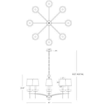 Top view and dimensions diagram of Cristallo Chandelier with eight-arm design and adjustable chain.